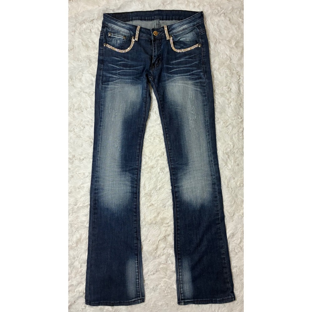 A7 Womens‎ Dark Wash Rhinestone Embellished Low Rise Bootcut Jeans Size 29